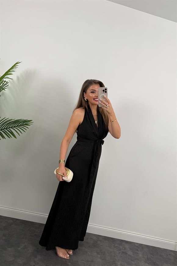 Premium Seri Önü Bağlamalı Maxi Tasarım Elbise Siyah