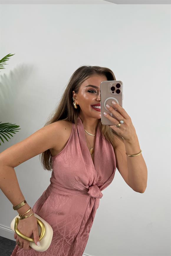 Premium Seri Önü Bağlamalı Maxi Tasarım Elbise Gül Kurusu