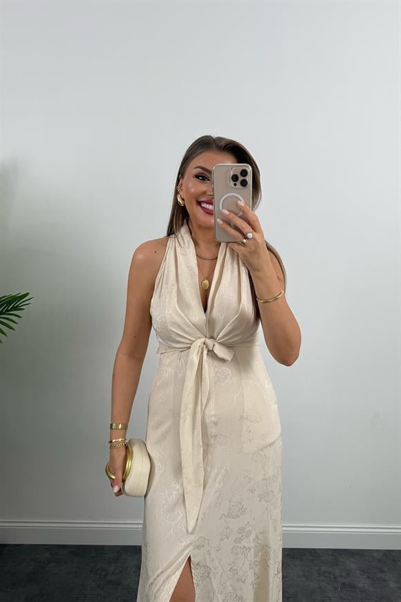 Premium Seri Önü Bağlamalı Maxi Tasarım Elbise Bej