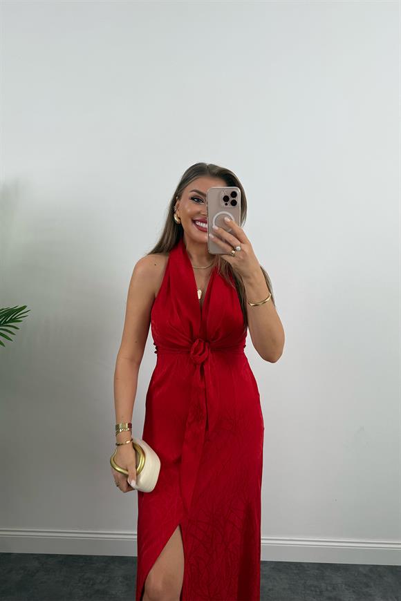 Premium Seri Önü Bağlamalı Maxi Tasarım Elbise Kırmızı