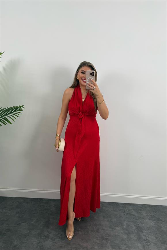 Premium Seri Önü Bağlamalı Maxi Tasarım Elbise Kırmızı