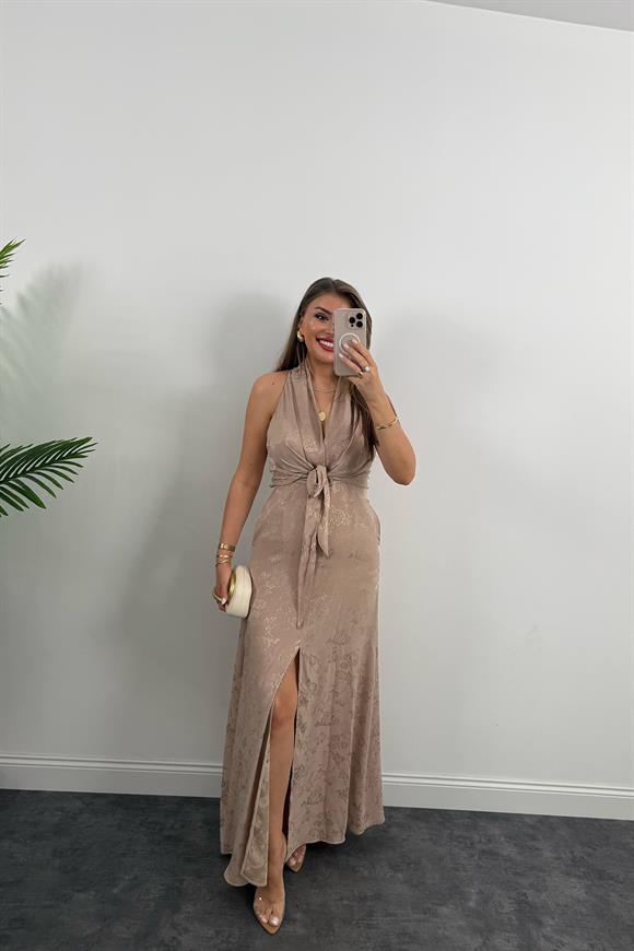 Premium Seri Önü Bağlamalı Maxi Tasarım Elbise Taş