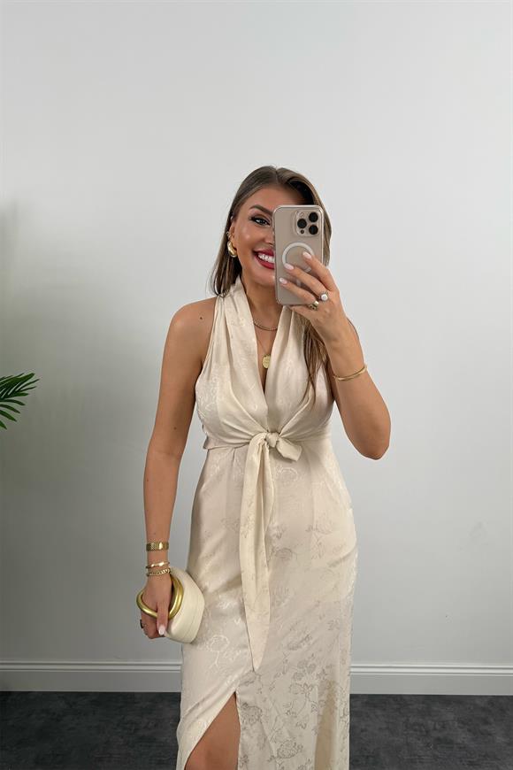 Premium Seri Önü Bağlamalı Maxi Tasarım Elbise Bej