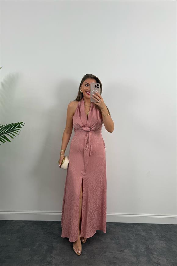 Premium Seri Önü Bağlamalı Maxi Tasarım Elbise Gül Kurusu