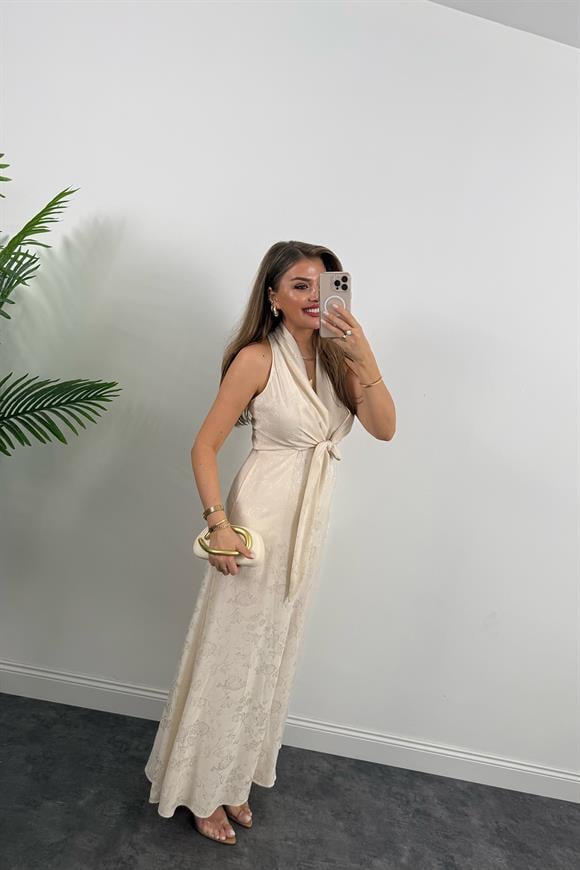 Premium Seri Önü Bağlamalı Maxi Tasarım Elbise Bej