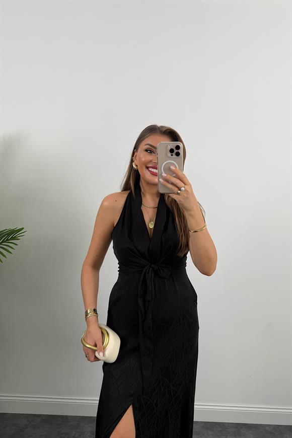 Premium Seri Önü Bağlamalı Maxi Tasarım Elbise Siyah