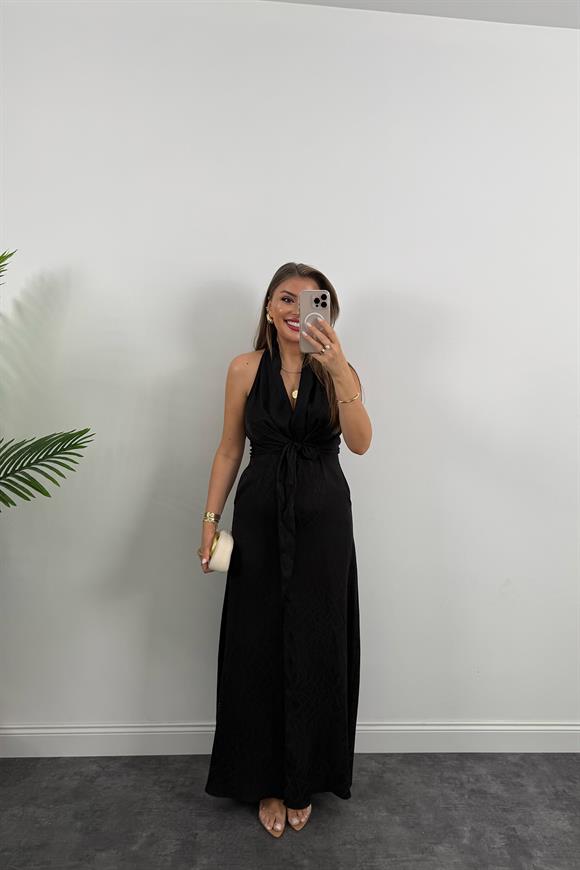 Premium Seri Önü Bağlamalı Maxi Tasarım Elbise Siyah