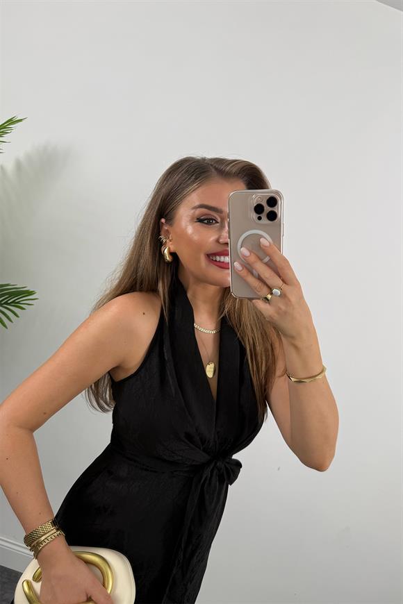 Premium Seri Önü Bağlamalı Maxi Tasarım Elbise Siyah