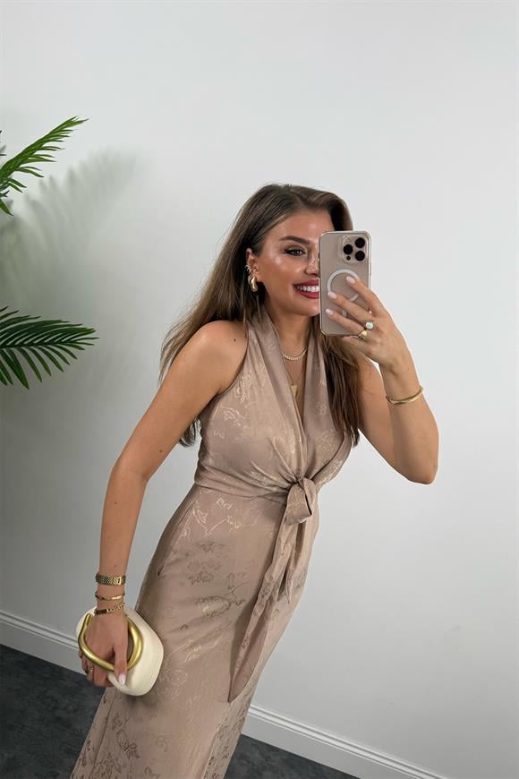 Premium Seri Önü Bağlamalı Maxi Tasarım Elbise Taş