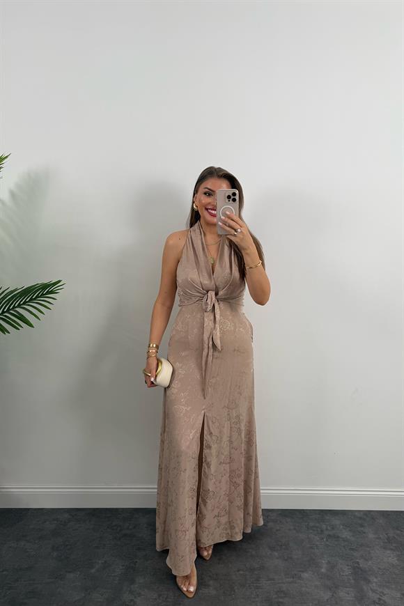 Premium Seri Önü Bağlamalı Maxi Tasarım Elbise Taş