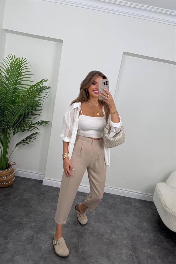 Premium Seri Önü Pileli İpekli Krep Havuç Pantolon Taş