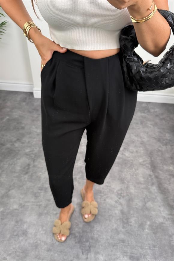 Premium Seri Önü Pileli İpekli Krep Havuç Pantolon Siyah