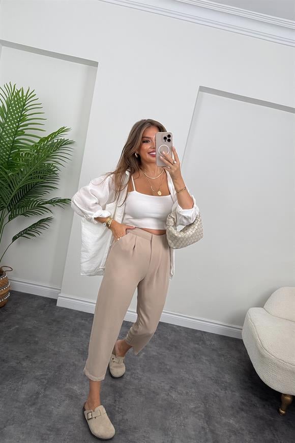 Premium Seri Önü Pileli İpekli Krep Havuç Pantolon Taş