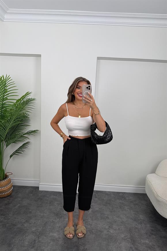 Premium Seri Önü Pileli İpekli Krep Havuç Pantolon Siyah