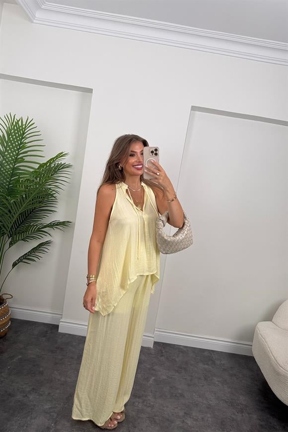 Premium Seri Organik Kumaş Asimetrik Tasarım Takım Butter Yellow