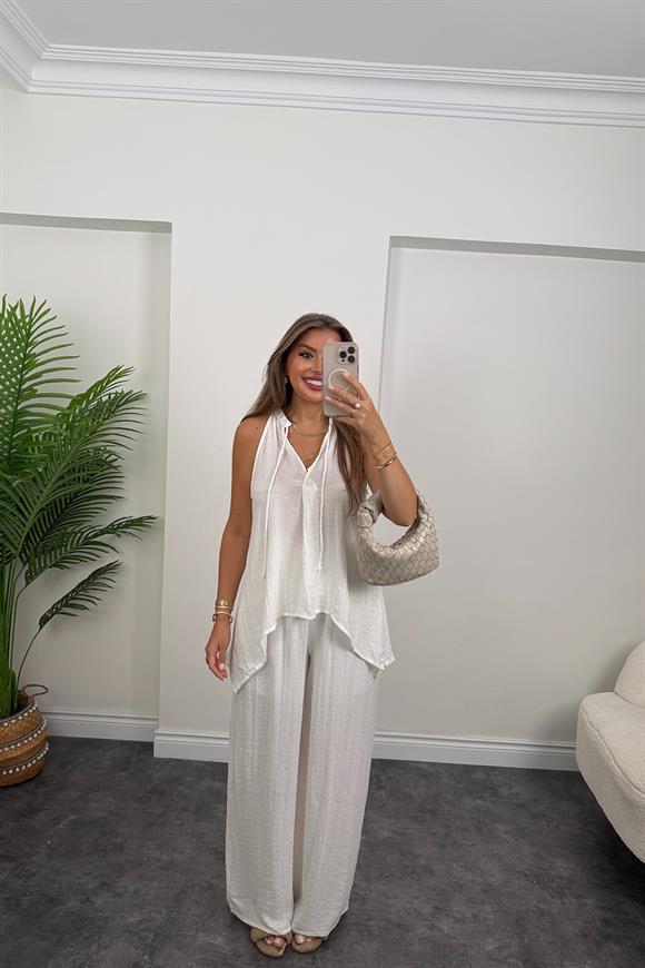 Premium Seri Organik Kumaş Asimetrik Tasarım Takım Beyaz