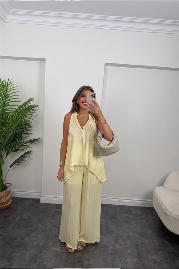 Premium Seri Organik Kumaş Asimetrik Tasarım Takım Butter Yellow