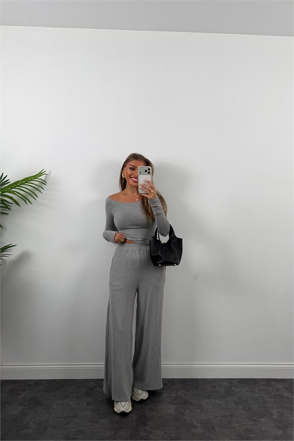 Premium Seri Organik Kumaş Kayık Yaka Bluz Palazzo Takım Gri Melanj