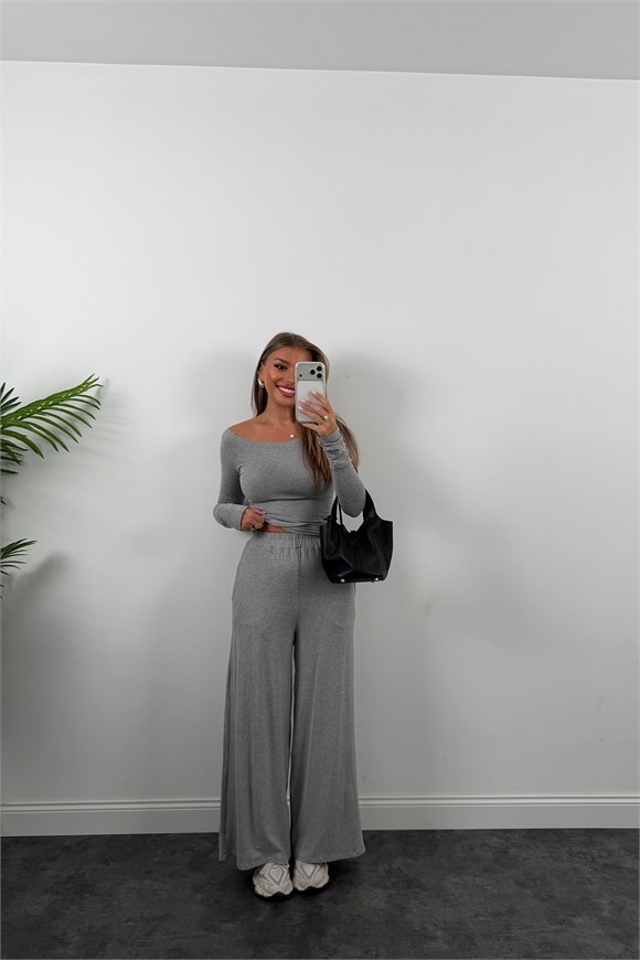 Premium Seri Organik Kumaş Kayık Yaka Bluz Palazzo Takım Gri Melanj