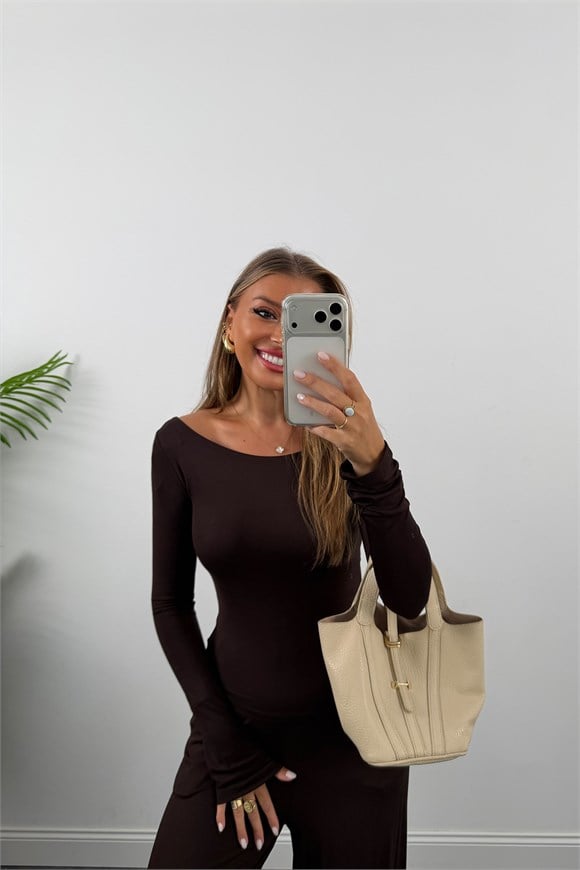 Premium Seri Organik Kumaş Kayık Yaka Bluz Palazzo Takım Kahverengi