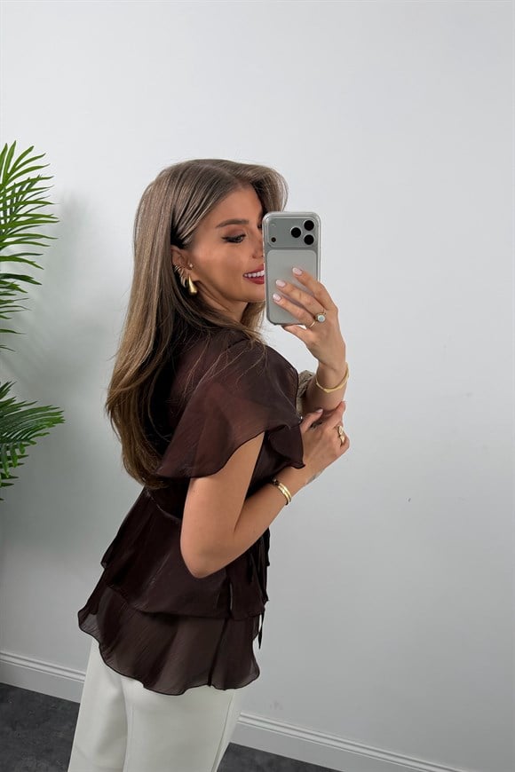 Premium Seri Organze Kumaş Valonlu Bluz Kahverengi