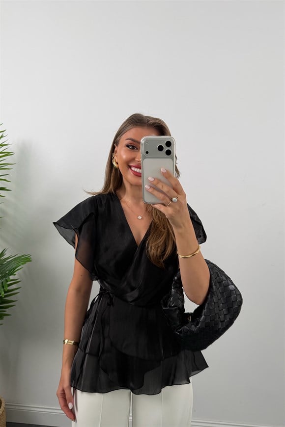 Premium Seri Organze Kumaş Valonlu Bluz Siyah