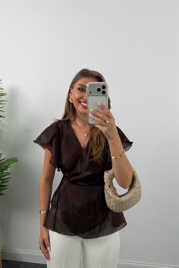 Premium Seri Organze Kumaş Valonlu Bluz Kahverengi