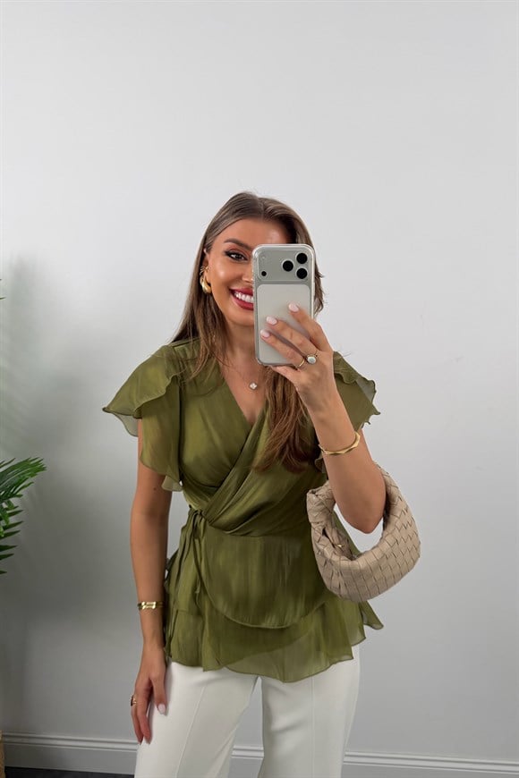 Premium Seri Organze Kumaş Valonlu Bluz Yeşil