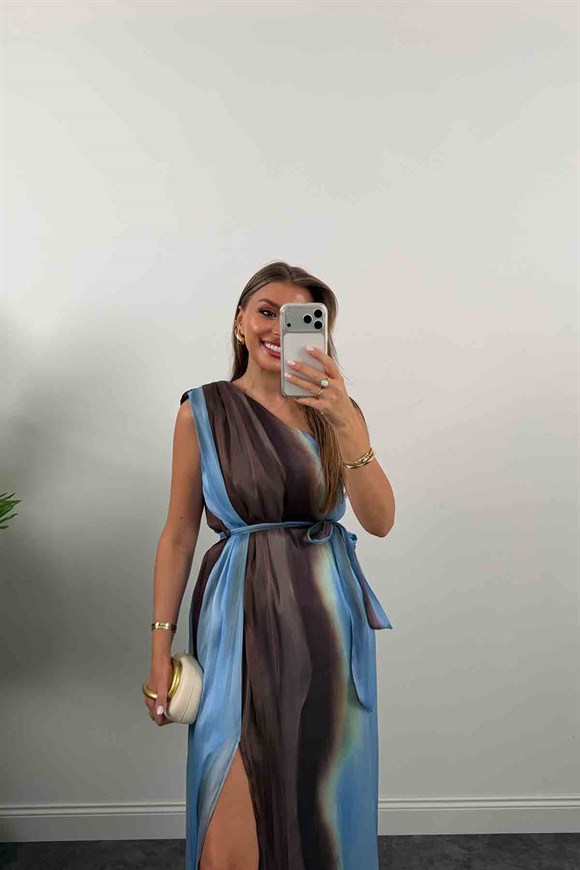Premium Seri Organze Tül Tek Omuz Tasarım Maxi Elbise Mavi Desenli