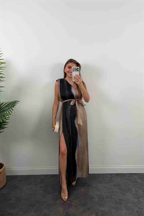 Premium Seri Organze Tül Tek Omuz Tasarım Maxi Elbise Siyah Desenli