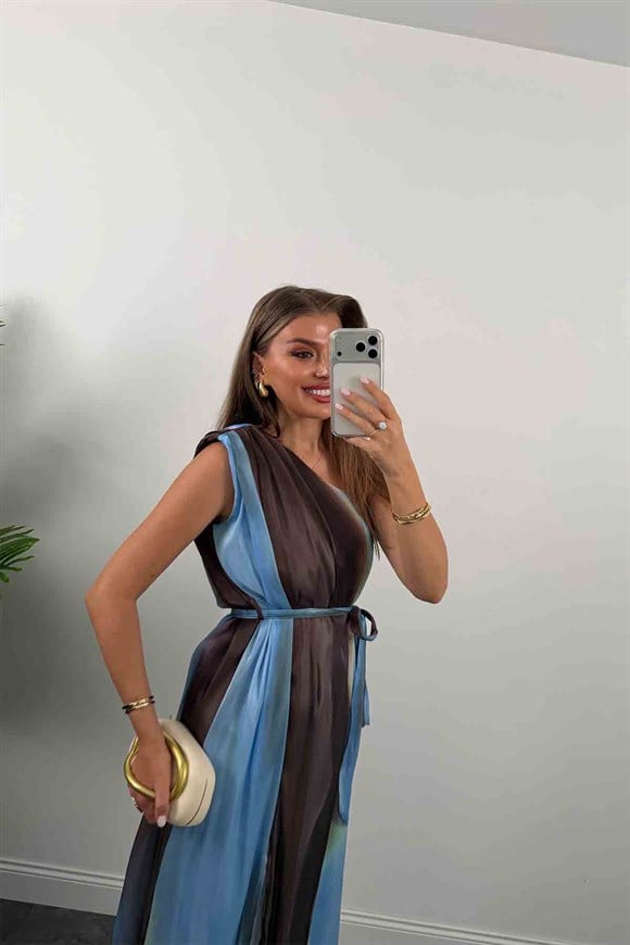 Premium Seri Organze Tül Tek Omuz Tasarım Maxi Elbise Mavi Desenli