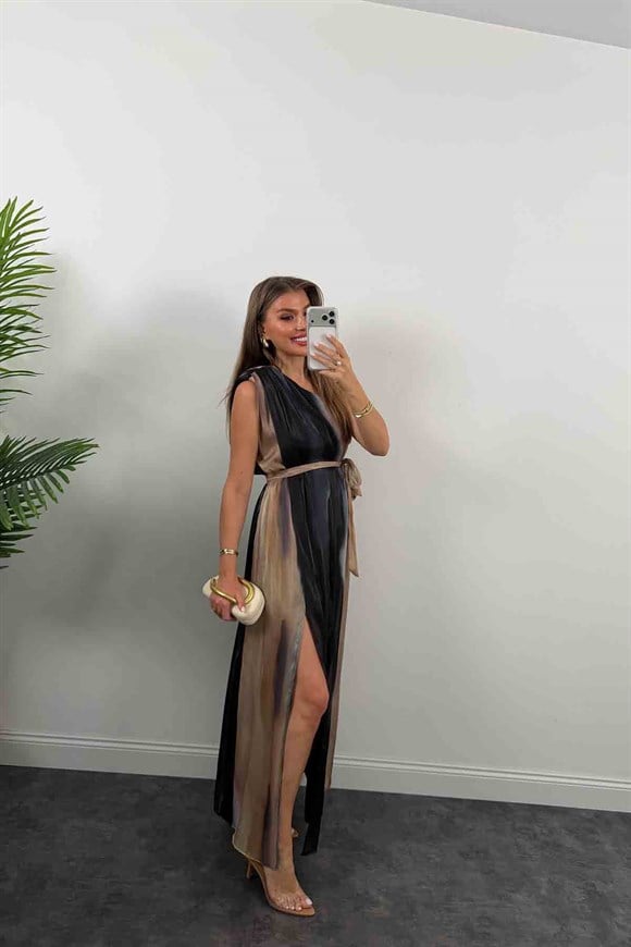 Premium Seri Organze Tül Tek Omuz Tasarım Maxi Elbise Siyah Desenli
