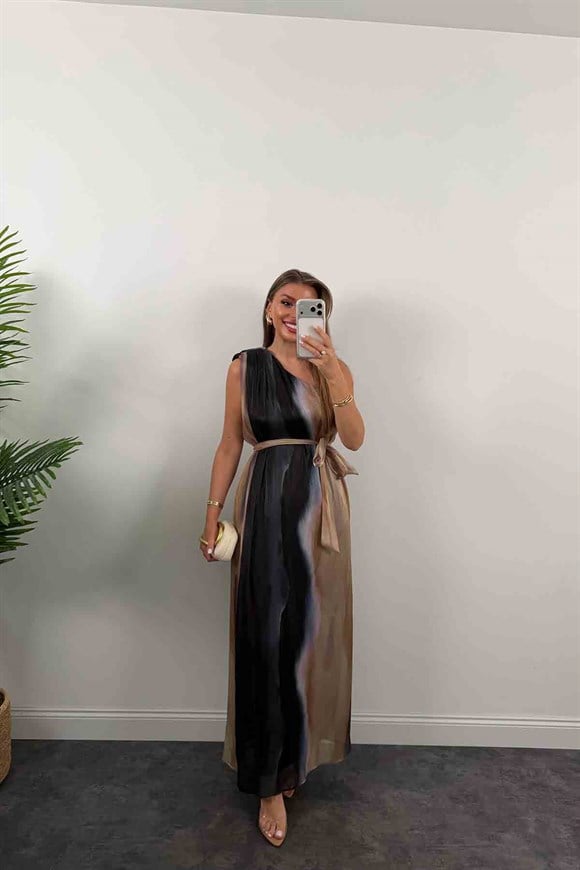 Premium Seri Organze Tül Tek Omuz Tasarım Maxi Elbise Siyah Desenli