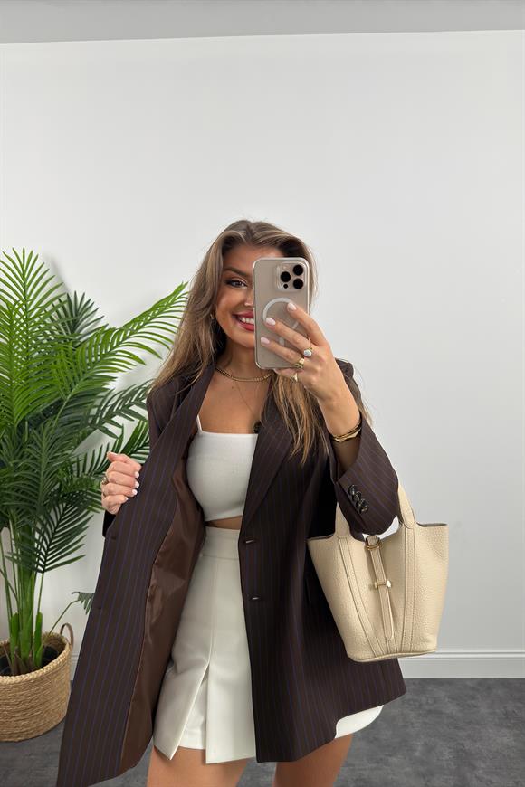 Premium Seri Oversize Lacivert Çizgili Kahverengi Blazer Ceket