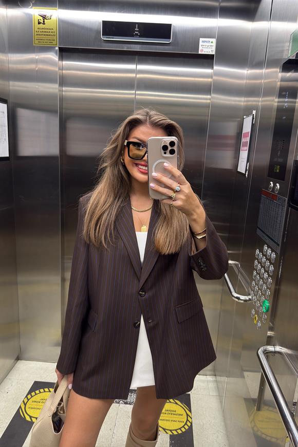 Premium Seri Oversize Lacivert Çizgili Kahverengi Blazer Ceket