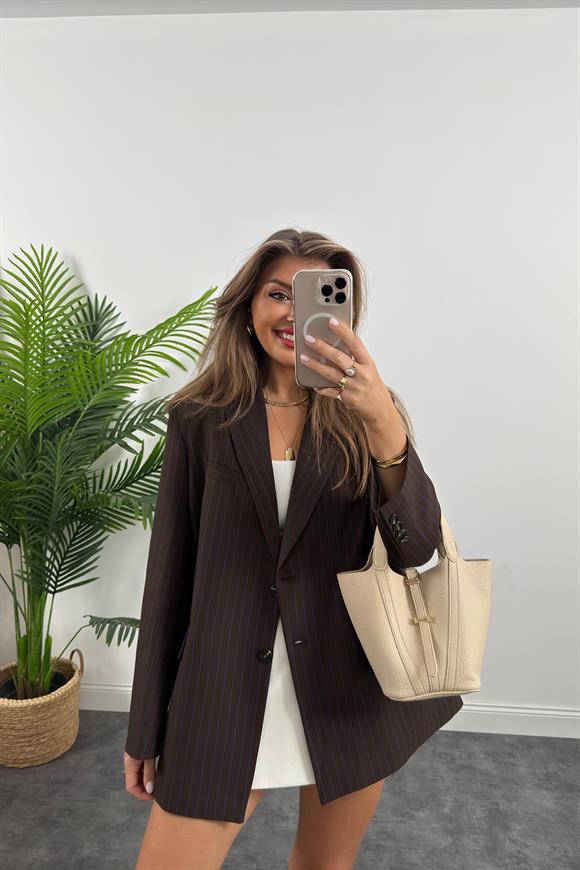 Premium Seri Oversize Lacivert Çizgili Kahverengi Blazer Ceket