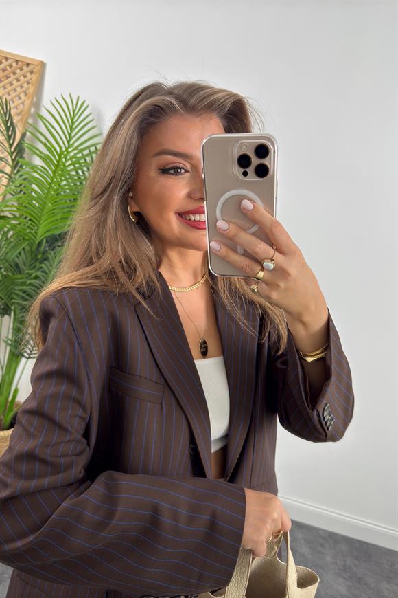 Premium Seri Oversize Lacivert Çizgili Kahverengi Blazer Ceket