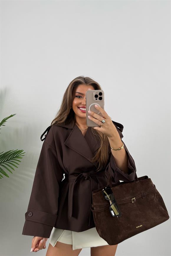 Premium Seri Özel Dokulu Acı Kahve Orta Boy Trençkot