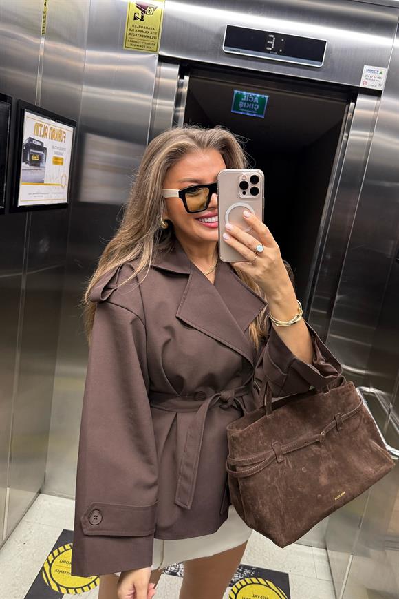 Premium Seri Özel Dokulu Acı Kahve Orta Boy Trençkot