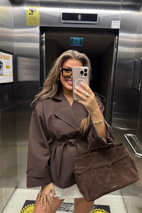 Premium Seri Özel Dokulu Acı Kahve Orta Boy Trençkot