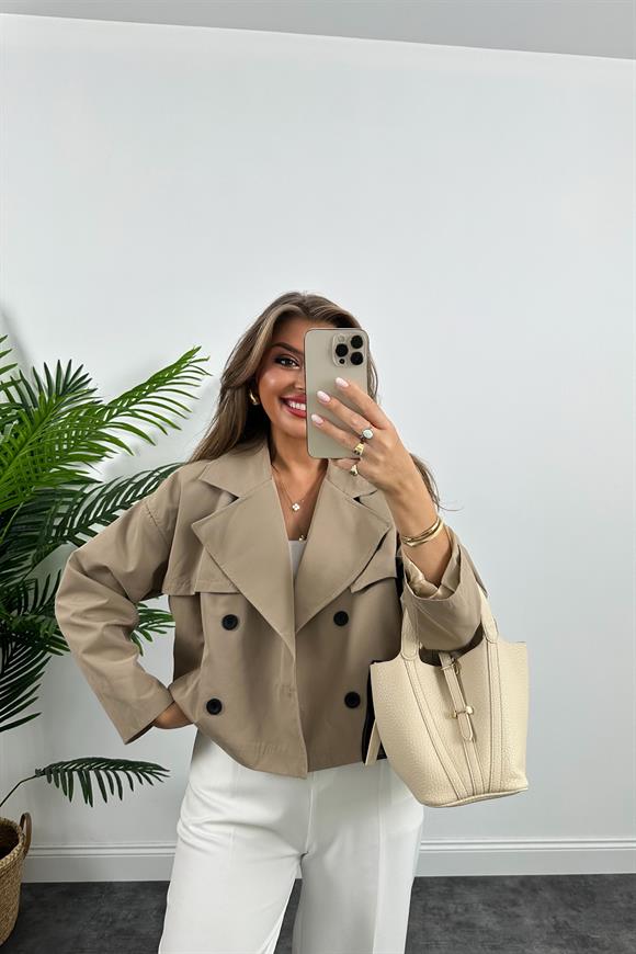 Premium Seri Özel Kumaş Astarlı Kısa Trençkot Taş