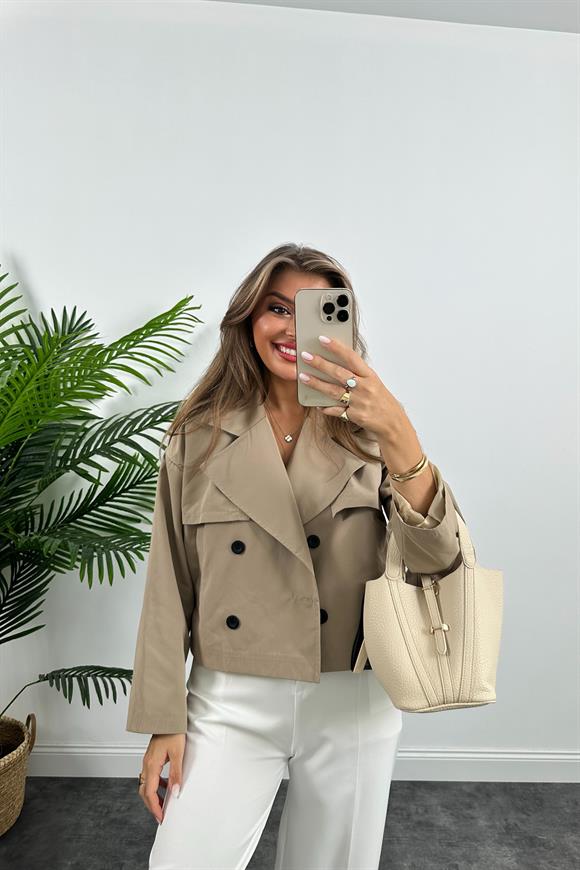 Premium Seri Özel Kumaş Astarlı Kısa Trençkot Taş