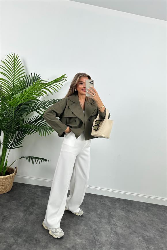 Premium Seri Özel Kumaş Astarlı Kısa Trençkot Haki