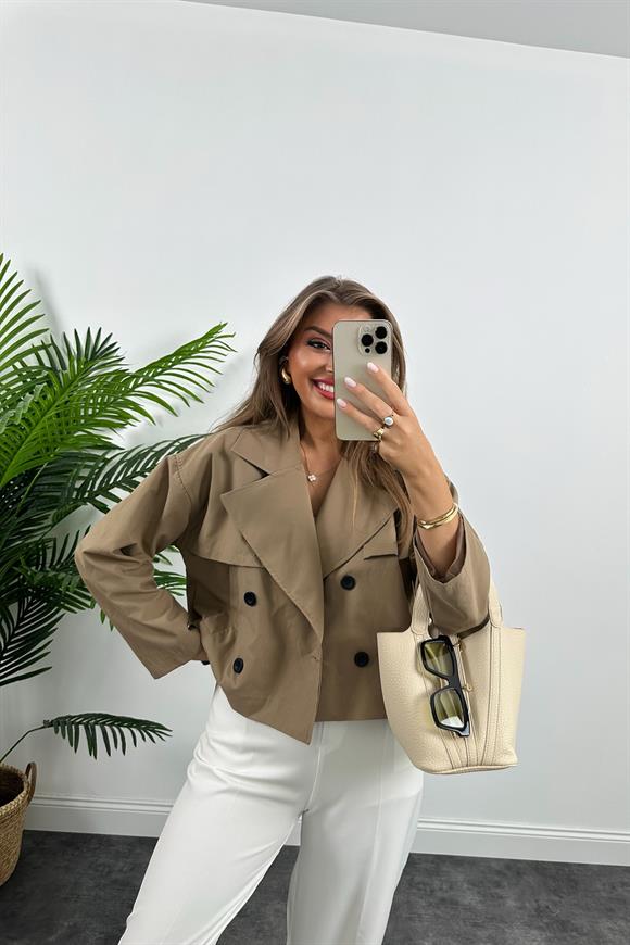 Premium Seri Özel Kumaş Astarlı Kısa Trençkot Kahverengi