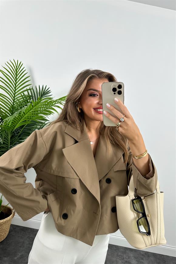 Premium Seri Özel Kumaş Astarlı Kısa Trençkot Kahverengi