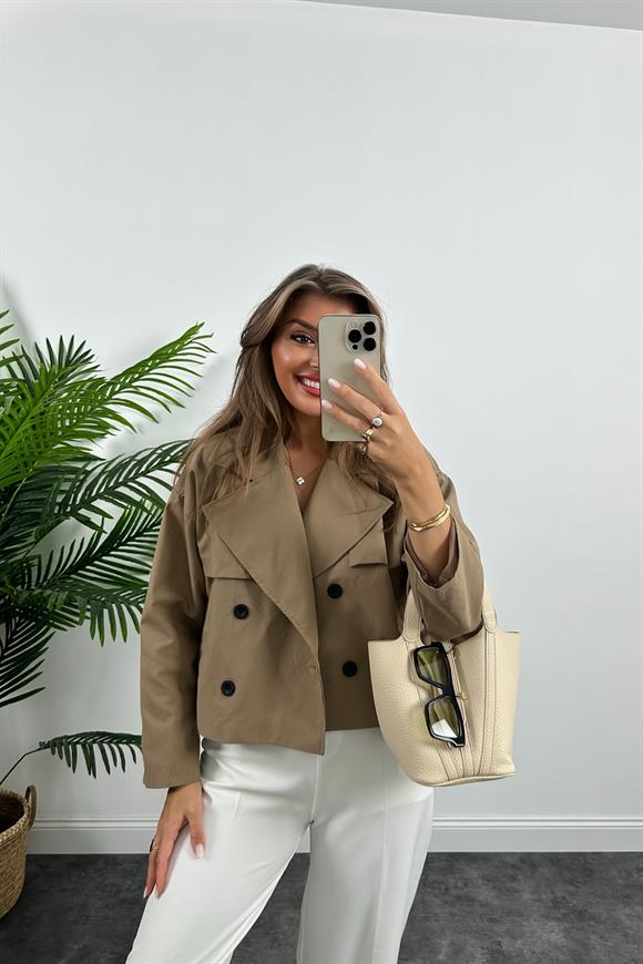 Premium Seri Özel Kumaş Astarlı Kısa Trençkot Kahverengi