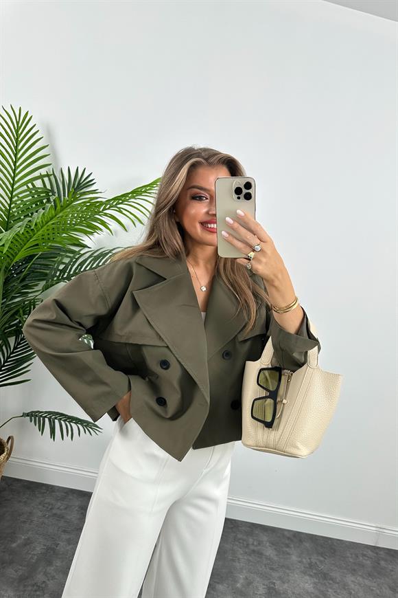 Premium Seri Özel Kumaş Astarlı Kısa Trençkot Haki