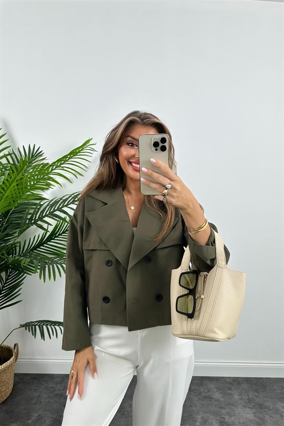 Premium Seri Özel Kumaş Astarlı Kısa Trençkot Haki