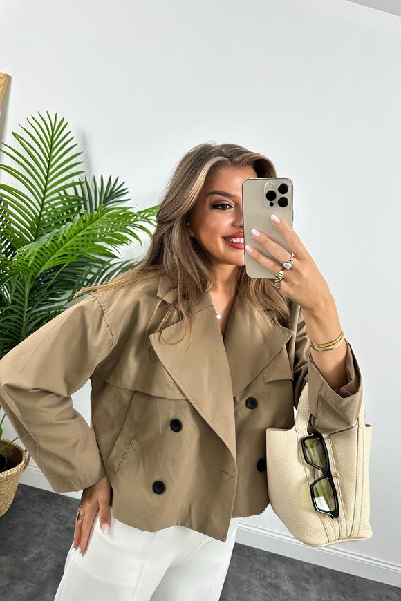 Premium Seri Özel Kumaş Astarlı Kısa Trençkot Kahverengi