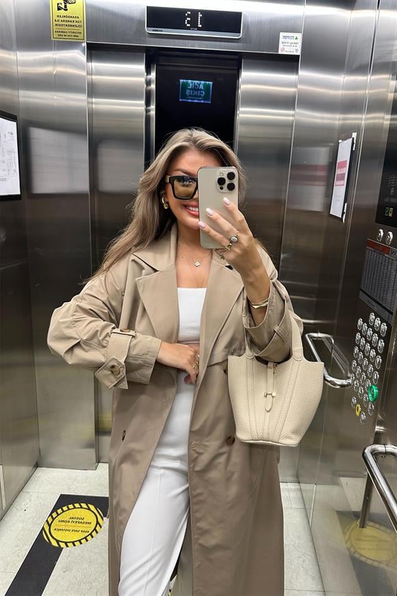 Premium Seri Özel Kumaş Kolu Kemerli Maxi Boy Trençkot